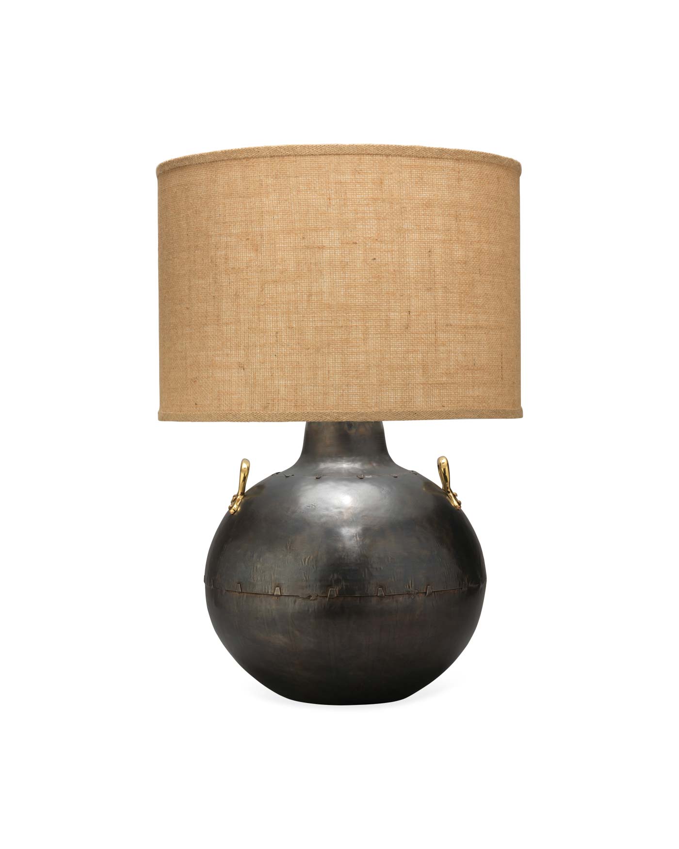 Two Handled Kettle Table Lamp in Iron With Classic Drum Shade in Natural Burlap