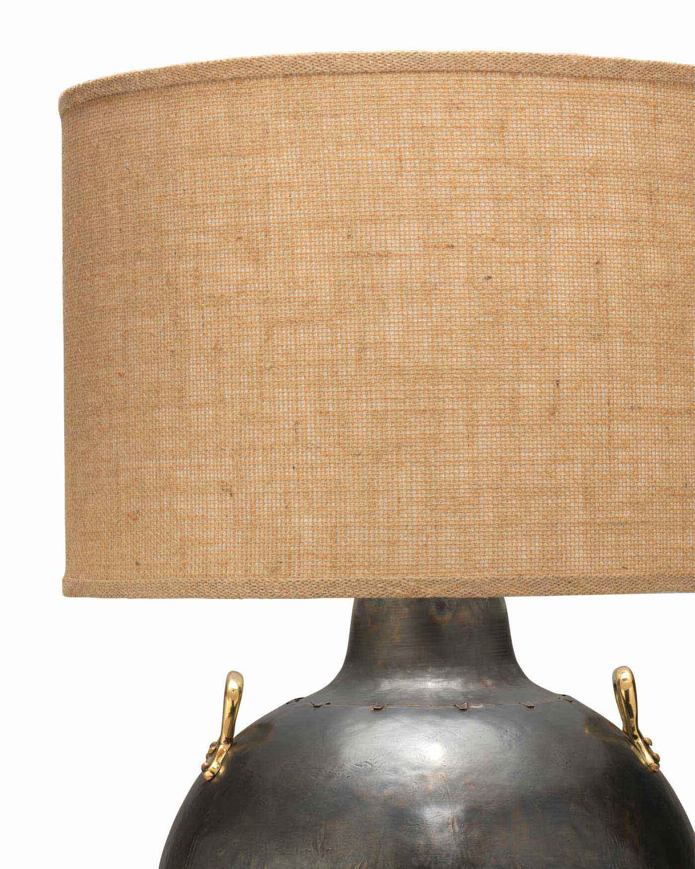 Two Handled Kettle Table Lamp in Iron With Classic Drum Shade in Natural Burlap