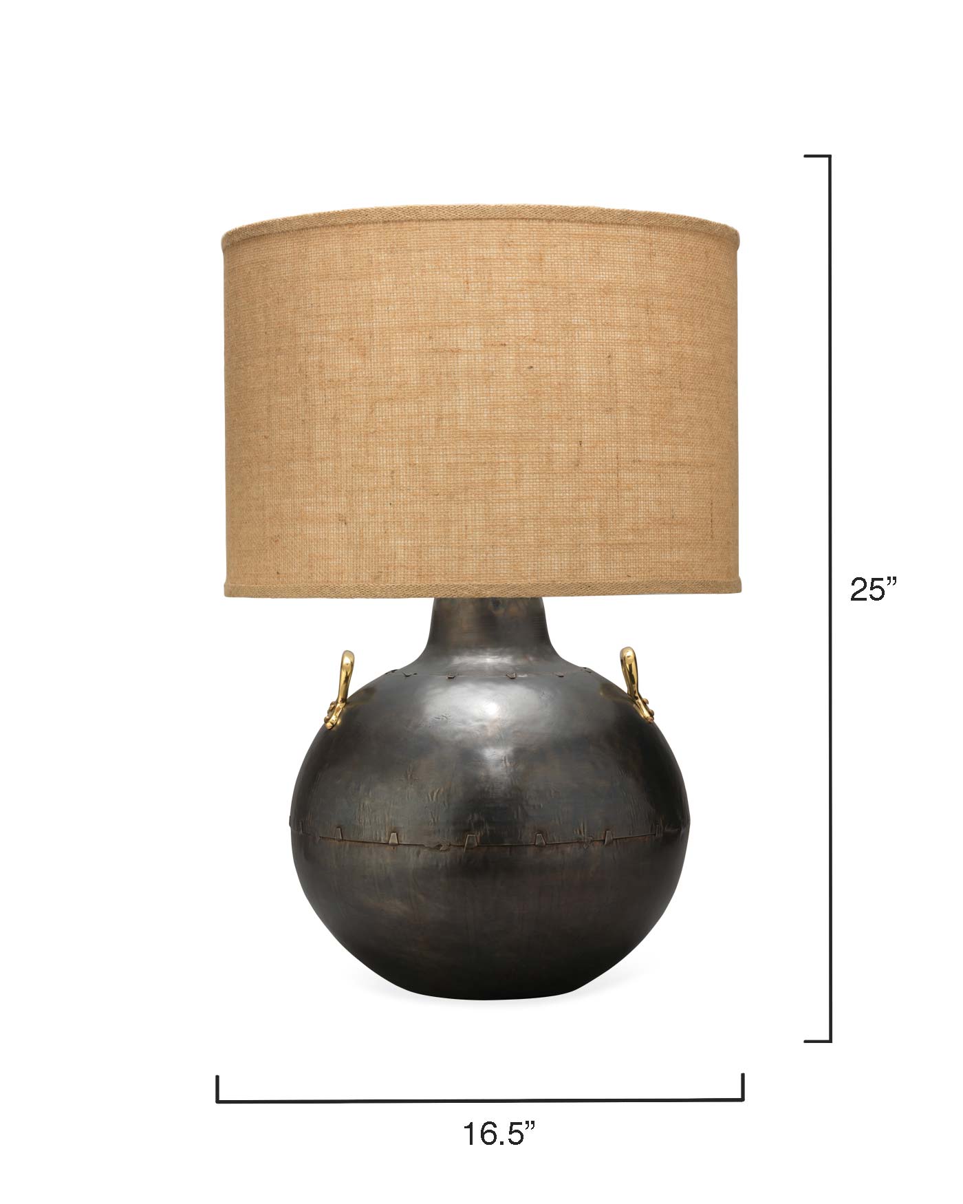 Two Handled Kettle Table Lamp in Iron With Classic Drum Shade in Natural Burlap