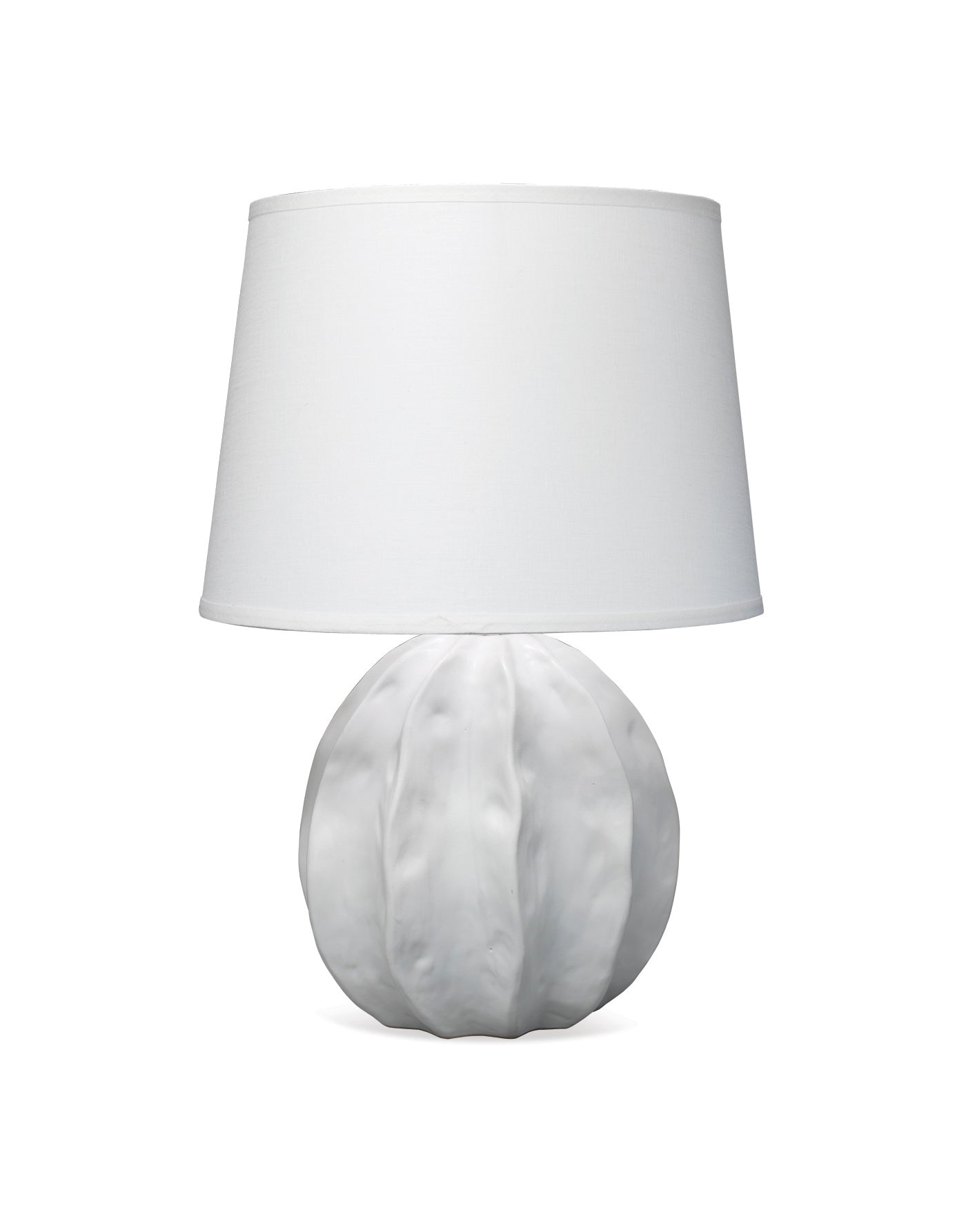 Urchin Table Lamp in Matte White With Large Cone Shade in White Linen