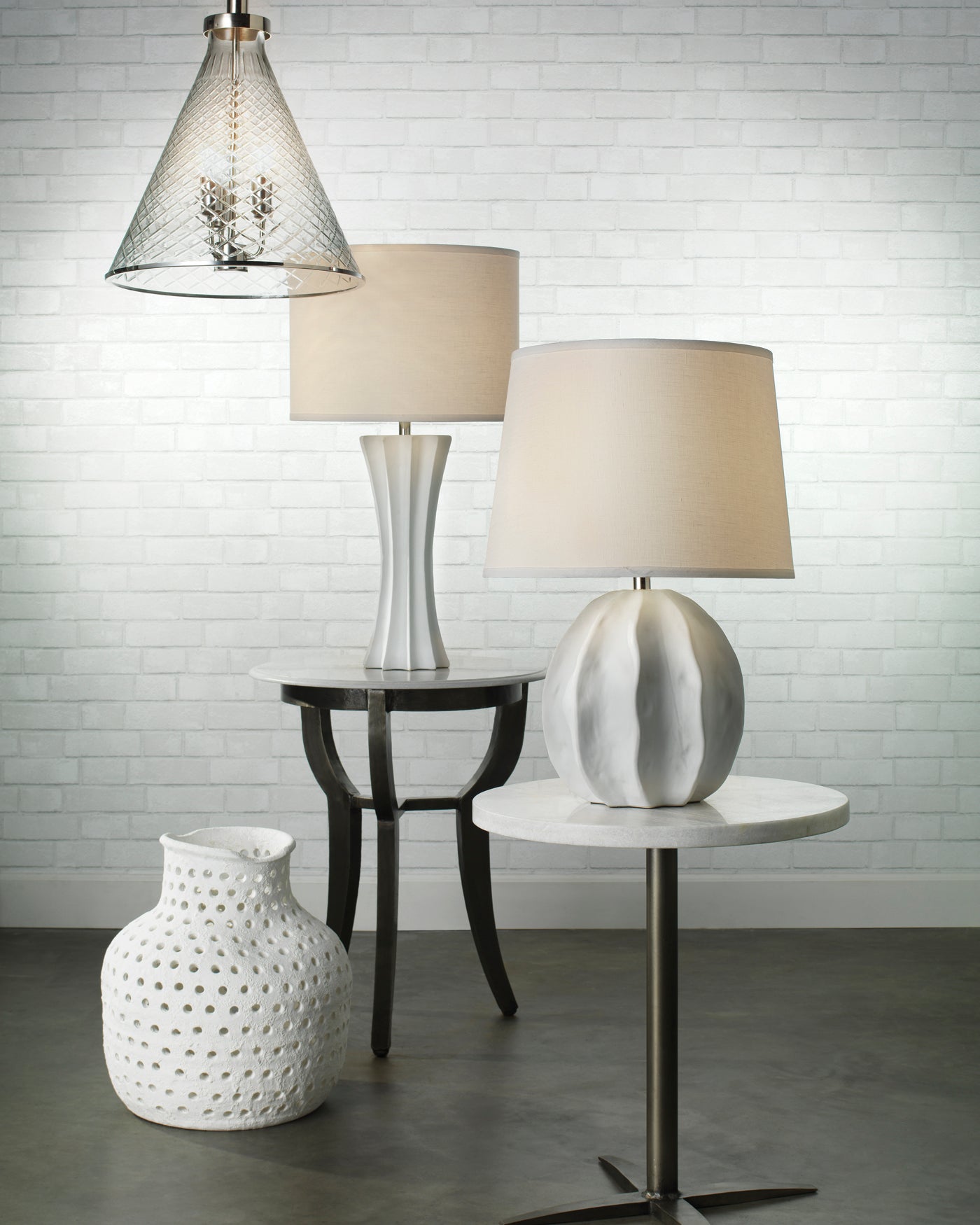 Urchin Table Lamp in Matte White With Large Cone Shade in White Linen