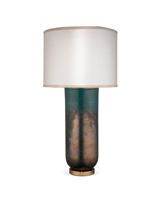 Vapor Table Lamp, Large in Aqua glass With Large Drum Shade in Cream Faux Silk With Taupe Silk Trim