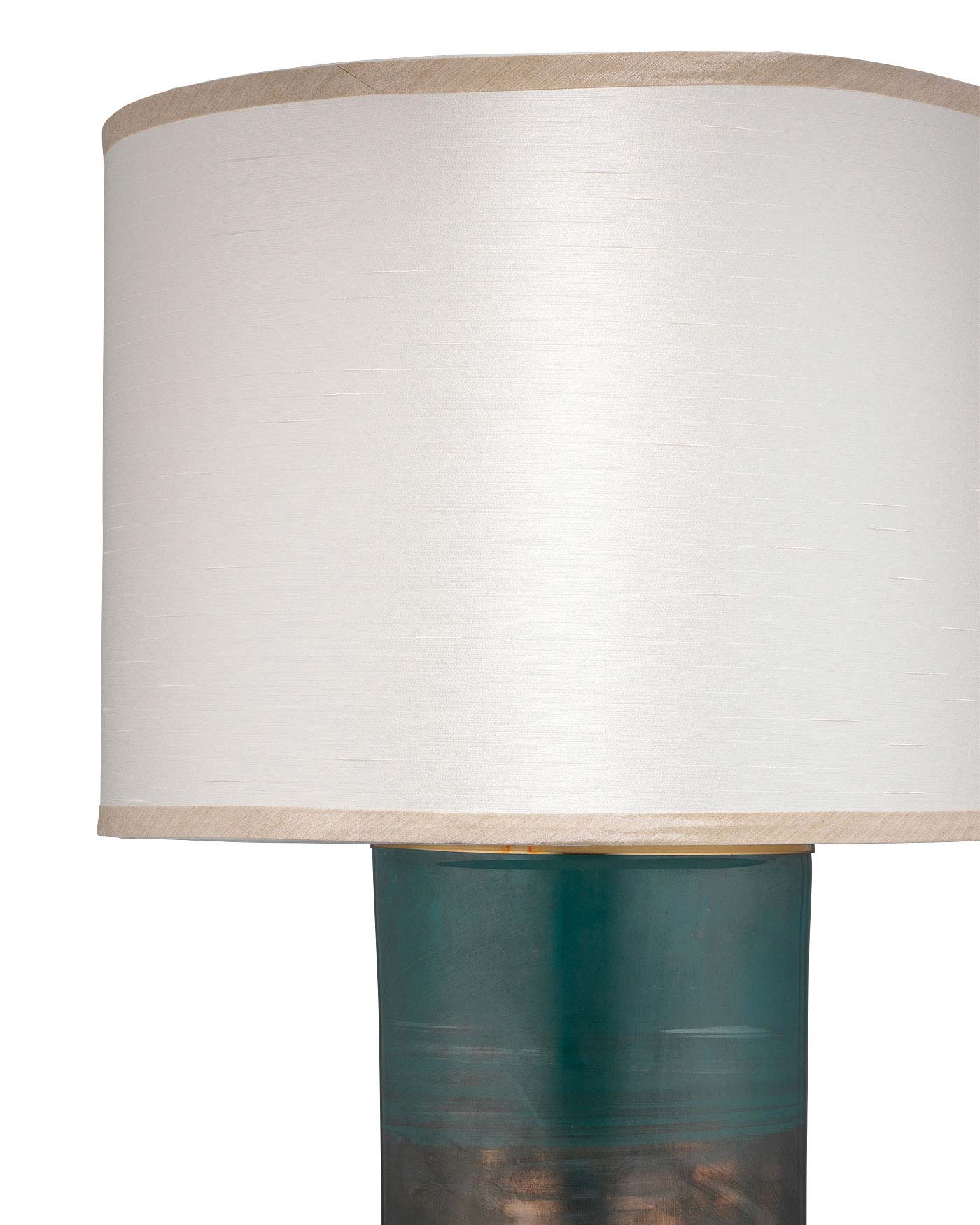 Vapor Table Lamp, Large in Aqua glass With Large Drum Shade in Cream Faux Silk With Taupe Silk Trim