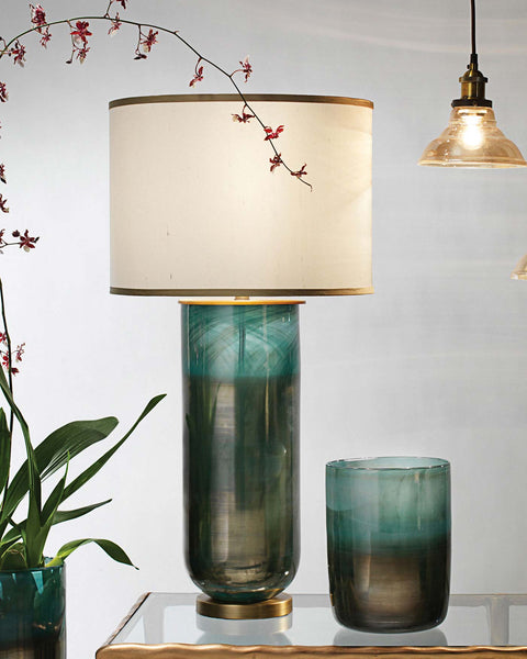 Vapor Table Lamp, Large in Aqua glass With Large Drum Shade in Cream Faux Silk With Taupe Silk Trim