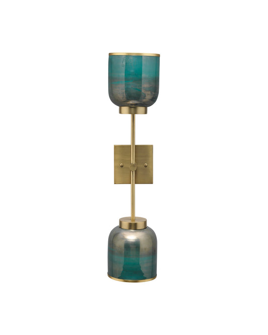 Vapor Double Sconce in Antique Brass & Aqua Metallic Glass