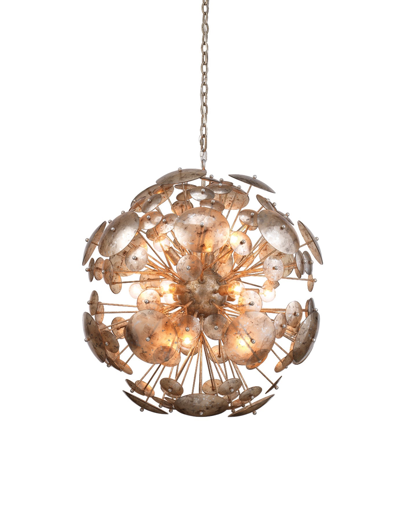 Constellation Round Chandelier in Antique Mercury Glass & Champagne Leaf Metal