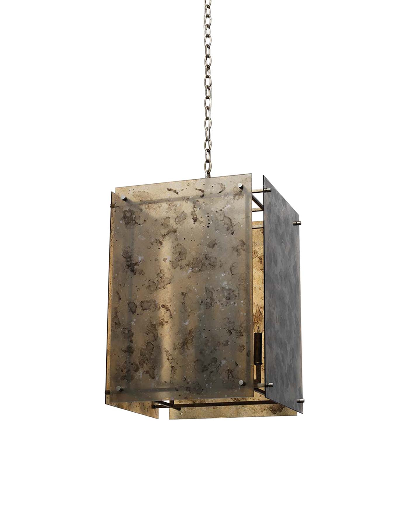 Gravity Lantern Chandelier in Antique Mercury Glass & Champagne Leaf Metal