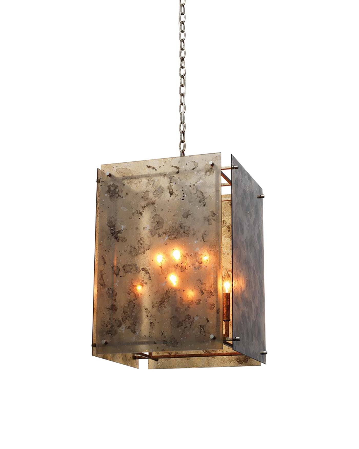 Gravity Lantern Chandelier in Antique Mercury Glass & Champagne Leaf Metal