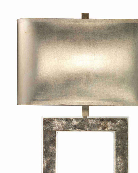 Acropolis Table Lamp With Rectangle Shade in Silver Leaf With Champagne foil lining