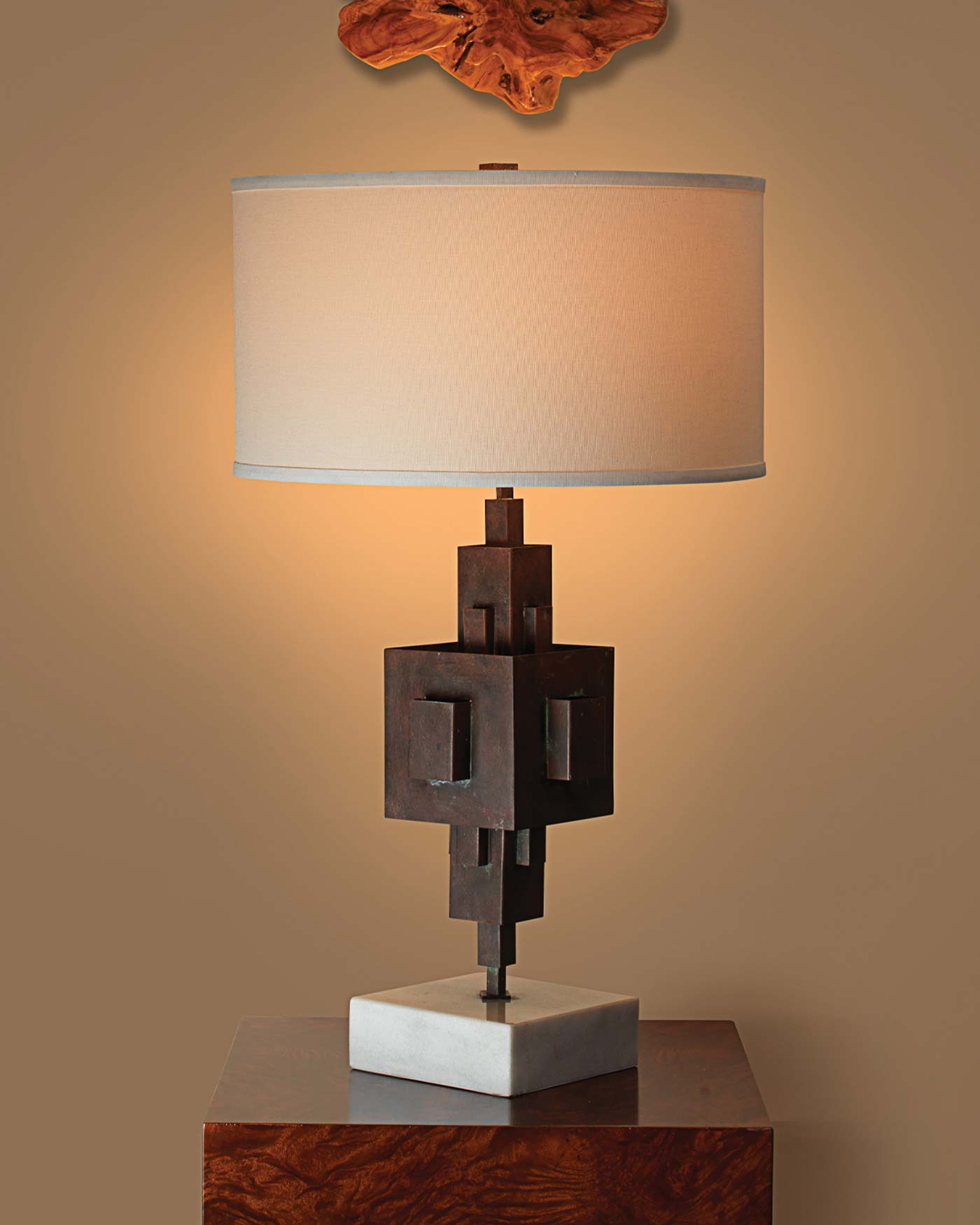 Apprentice Table Lamp in Rust Patina Metal on Marble With Drum Shade in Off White Linen