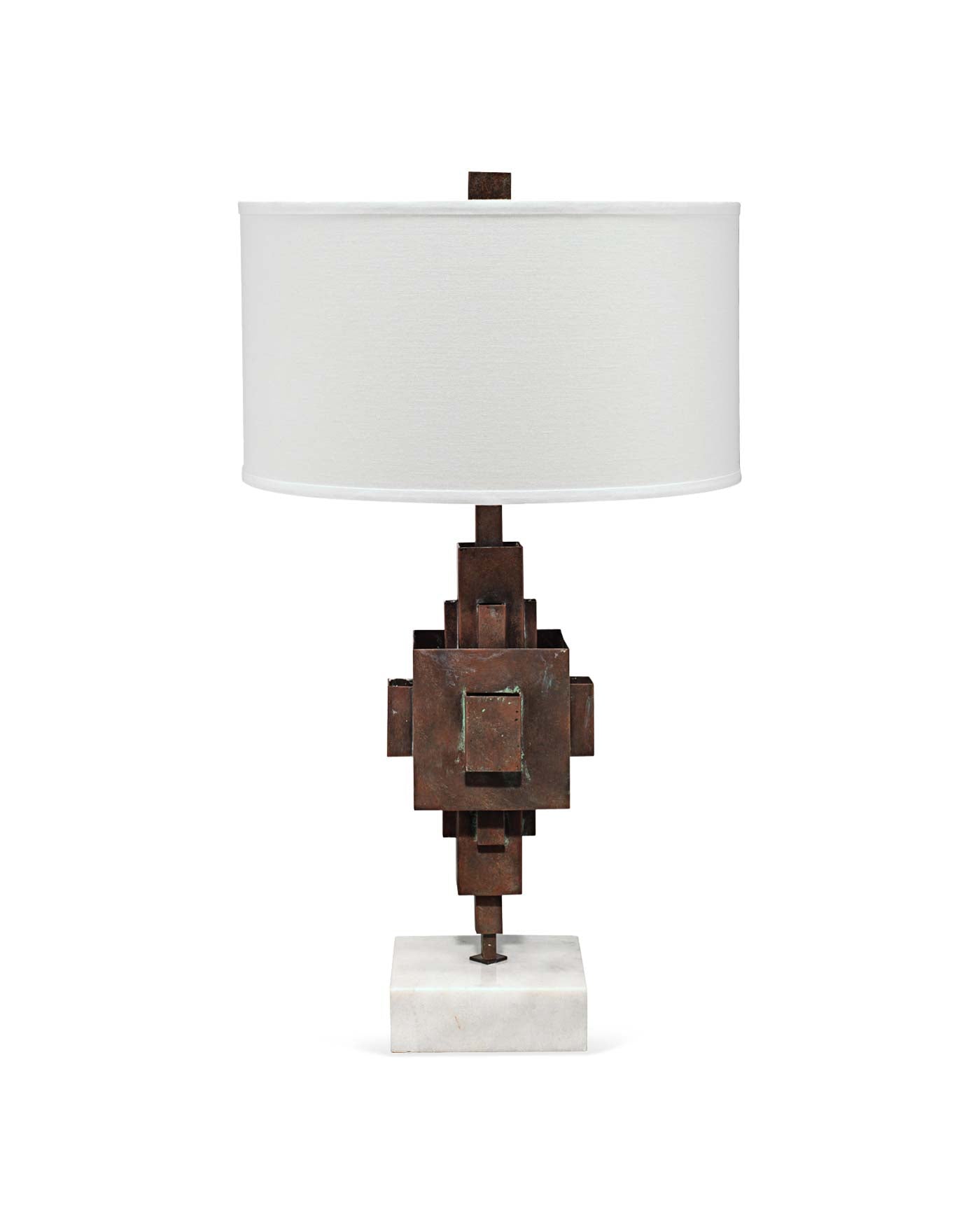 Apprentice Table Lamp in Rust Patina Metal on Marble With Drum Shade in Off White Linen