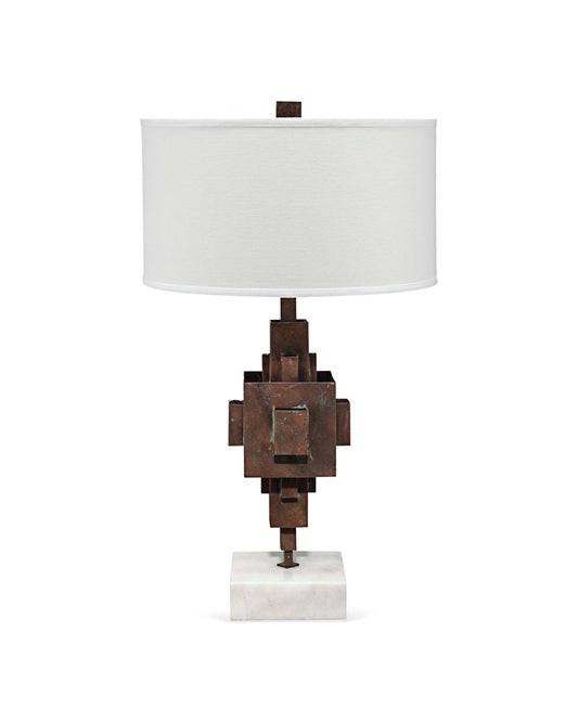 Apprentice Table Lamp in Rust Patina Metal on Marble With Drum Shade in Off White Linen