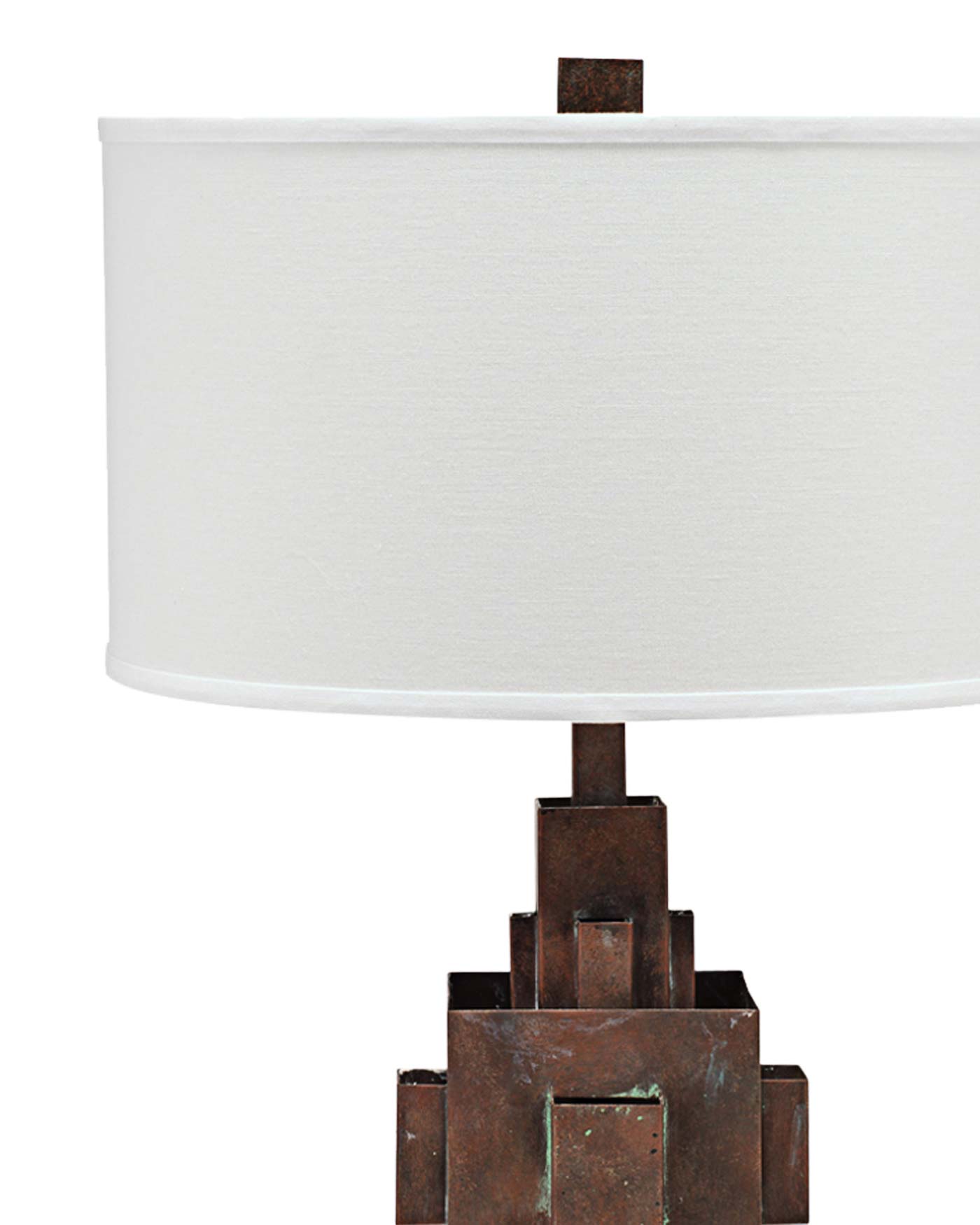 Apprentice Table Lamp in Rust Patina Metal on Marble With Drum Shade in Off White Linen