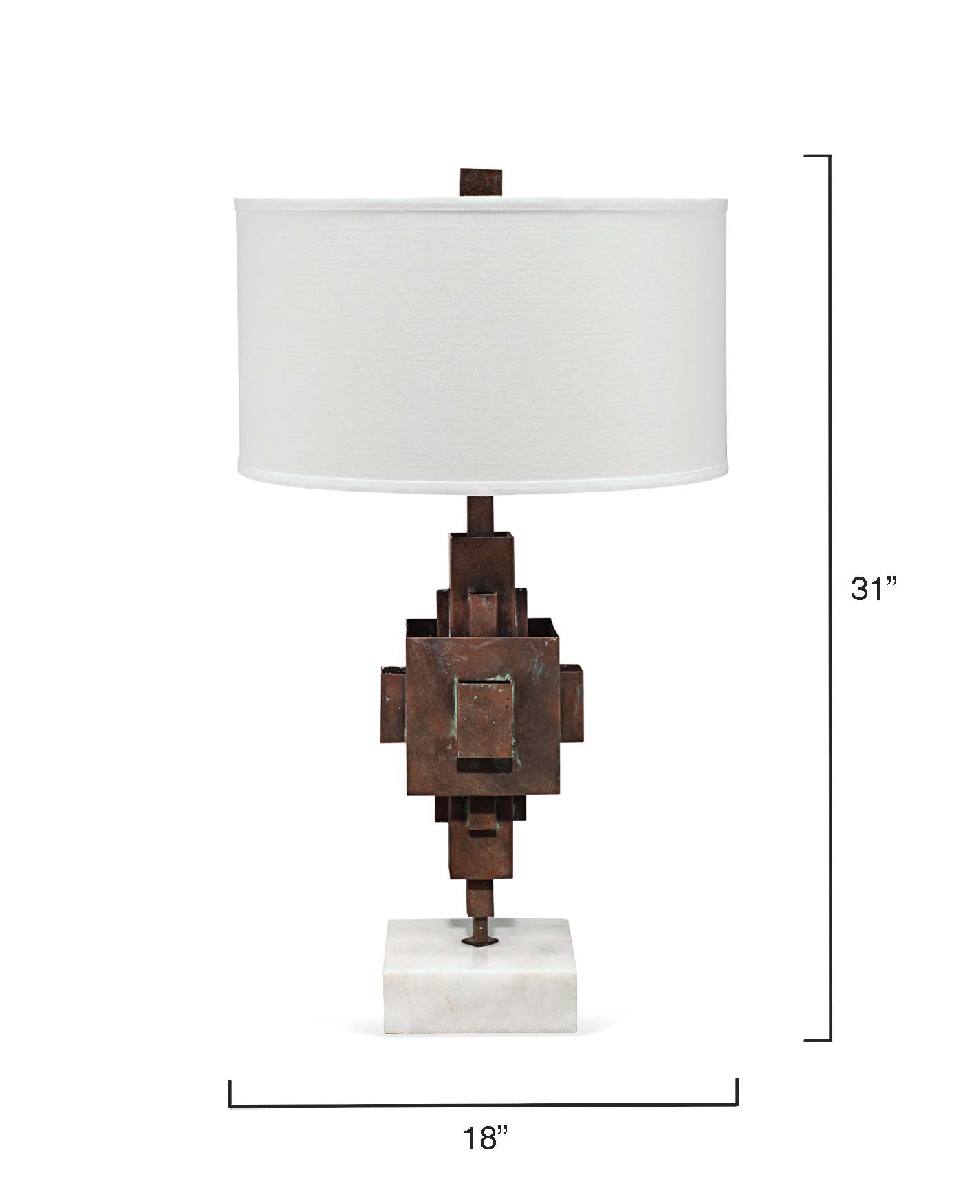 Apprentice Table Lamp in Rust Patina Metal on Marble With Drum Shade in Off White Linen