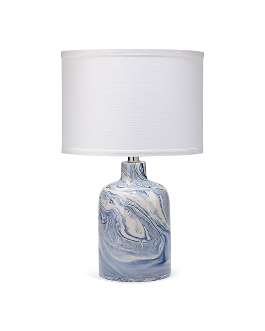 Atmosphere Table Lamp in Blue and White Ceramic With Small Drum Shade in White Linen