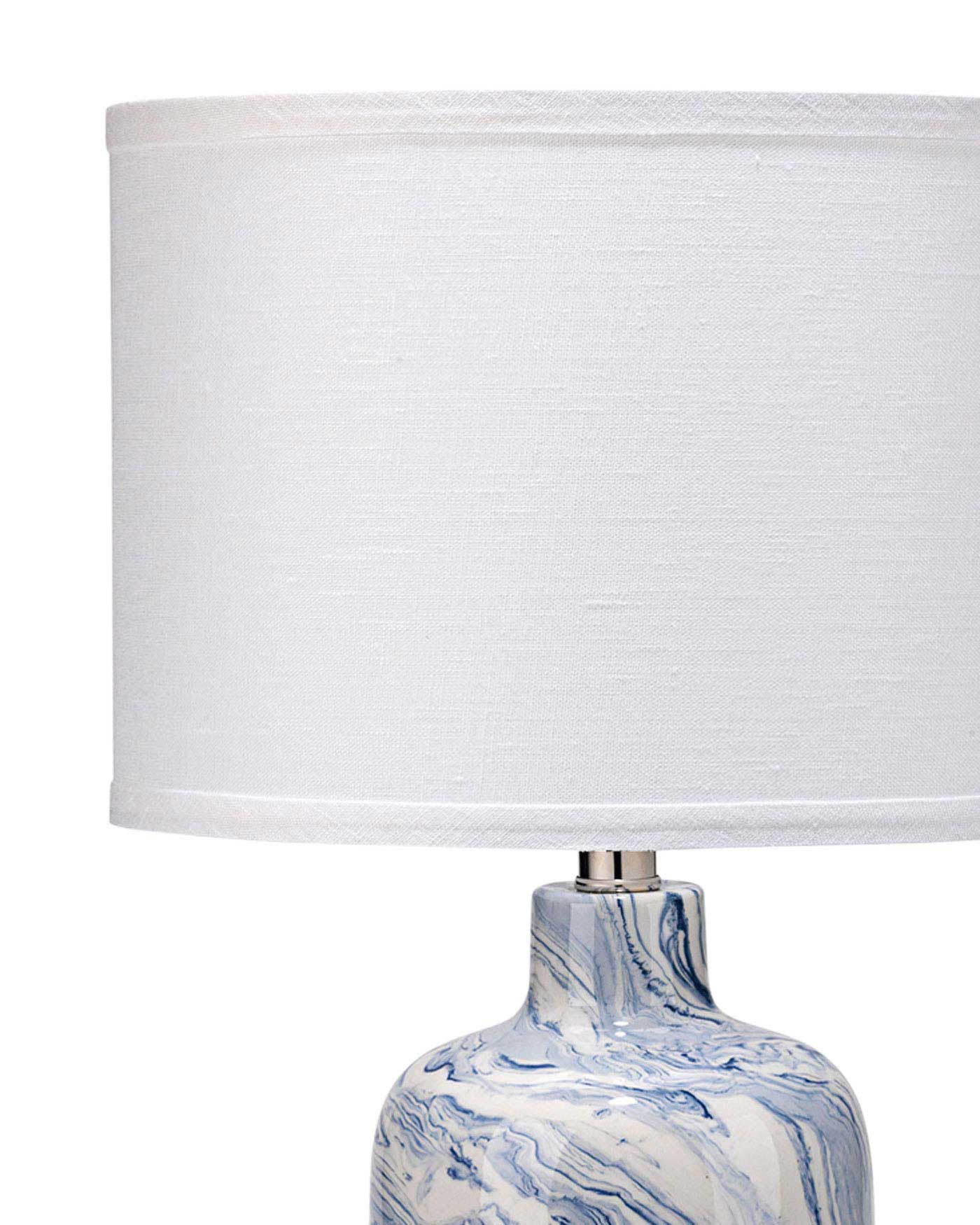 Atmosphere Table Lamp in Blue and White Ceramic With Small Drum Shade in White Linen