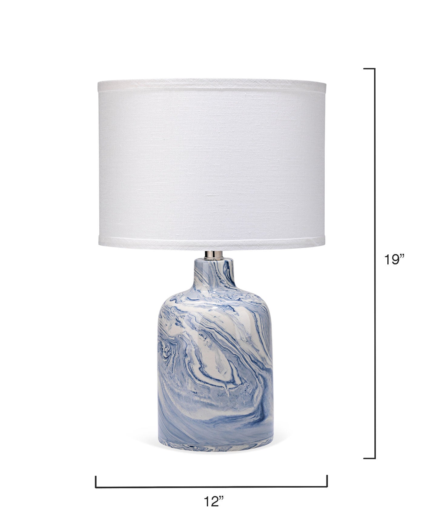 Atmosphere Table Lamp in Blue and White Ceramic With Small Drum Shade in White Linen