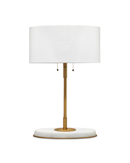 Barcroft Table Lamp in Antique Brass & White Marble With White Linen Oval Shade