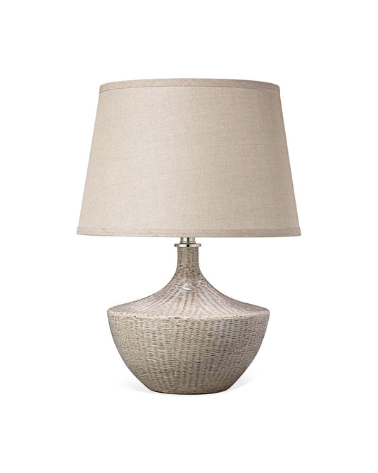 Basketweave Table Lamp in Off White Ceramic With Medium Open Cone Shade in Natural Linen