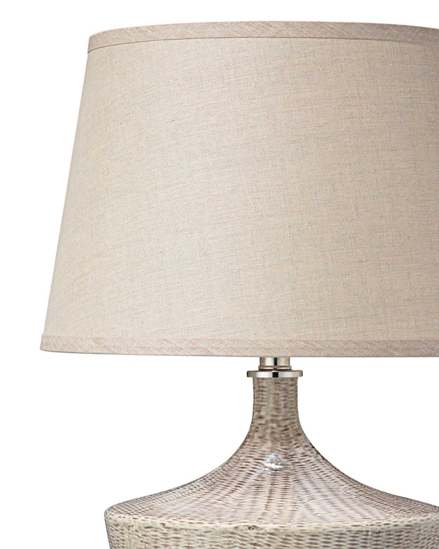 Basketweave Table Lamp in Off White Ceramic With Medium Open Cone Shade in Natural Linen