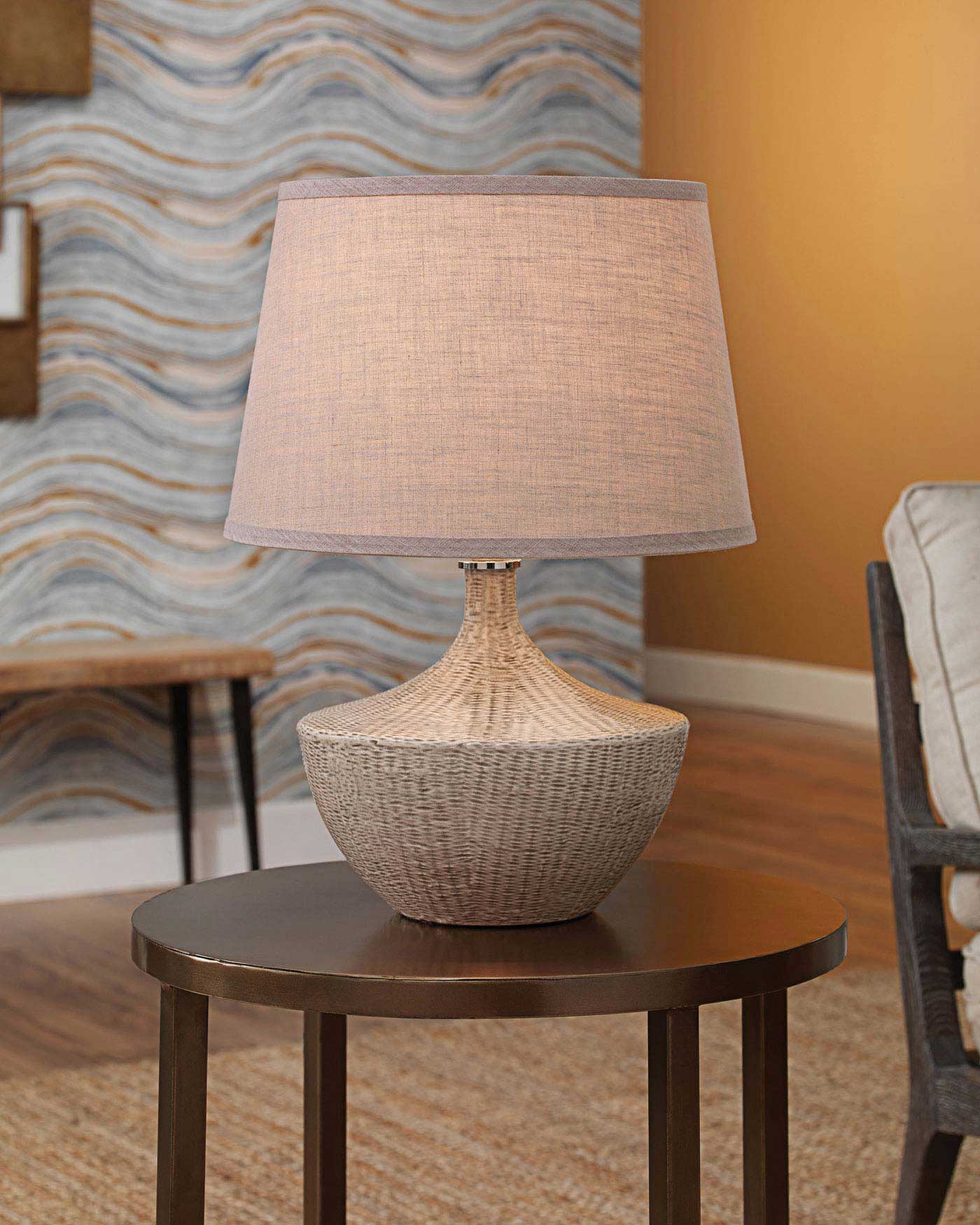 Basketweave Table Lamp in Off White Ceramic With Medium Open Cone Shade in Natural Linen