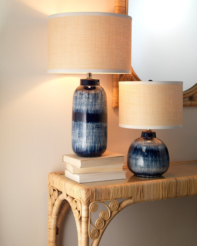 Batik Table Lamp, Large in Indigo Ceramic With Drum Shade in Raffia