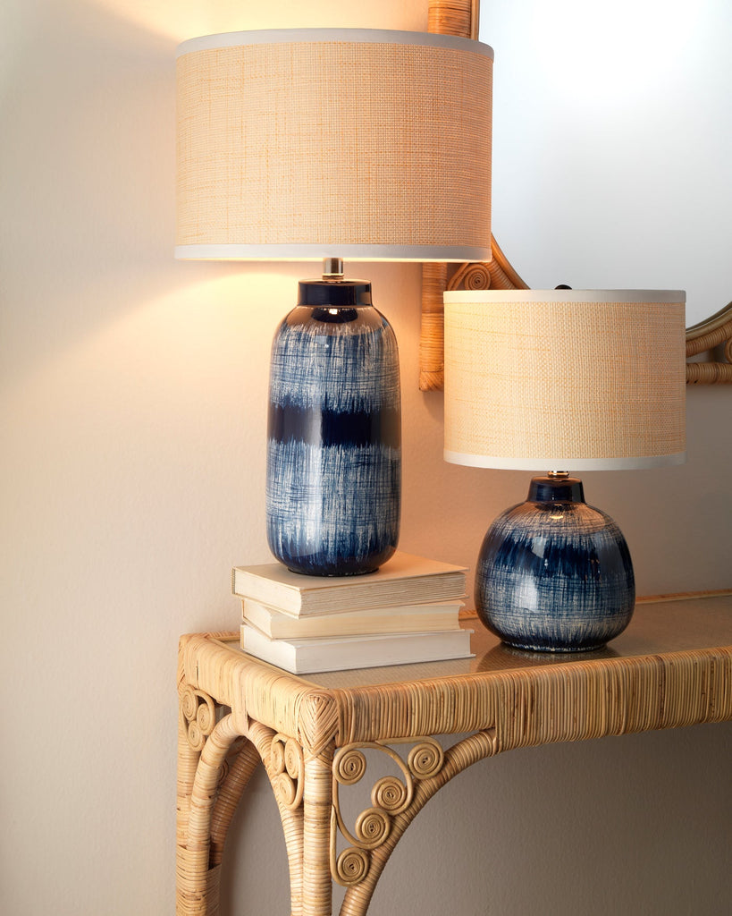 Batik Table Lamp, Small in Indigo Ceramic With Drum Shade in White Linen