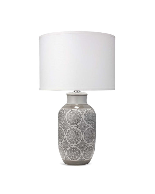 Beatrice Table Lamp in Grey Ceramic With Classic Drum Shade in Stone Linen