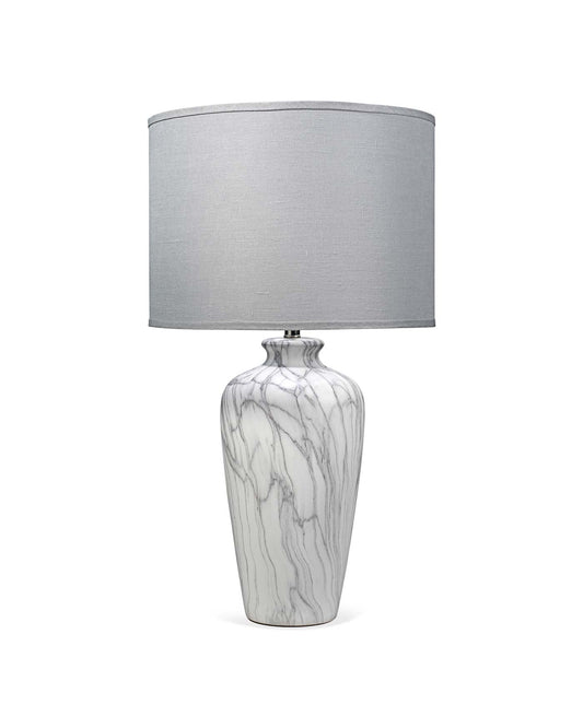 Bedrock Table Lamp in Marbled Ceramic With Large Drum Shade in Grey Linen