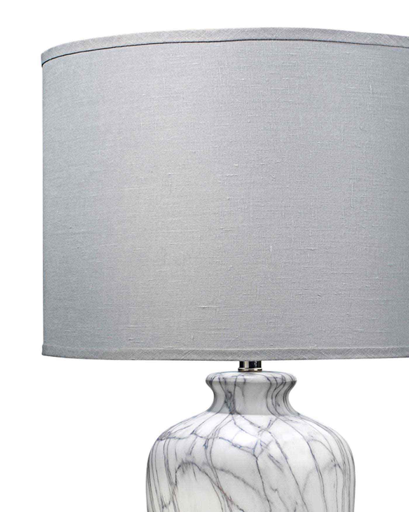 Bedrock Table Lamp in Marbled Ceramic With Large Drum Shade in Grey Linen