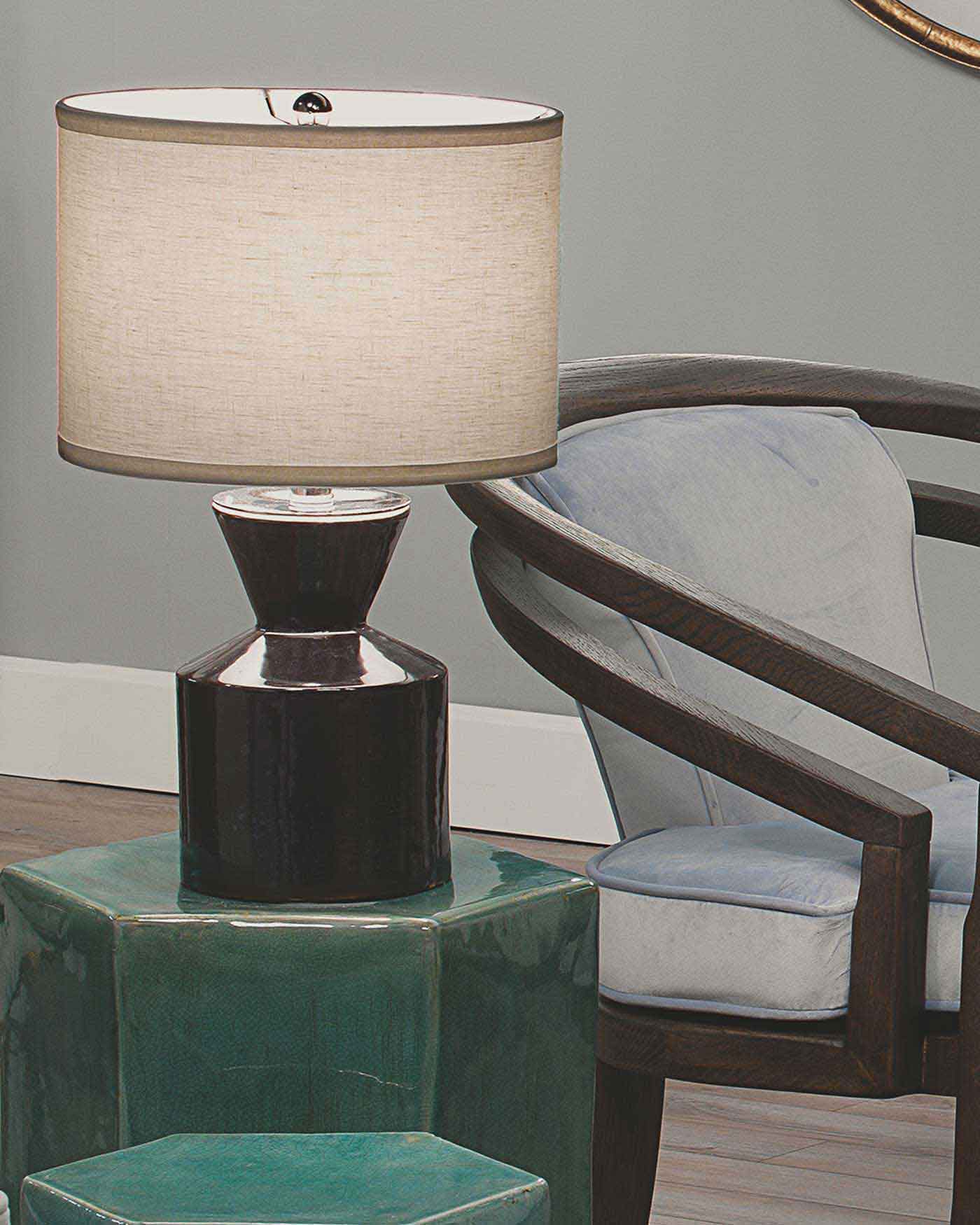 Berkley Table Lamp in Blue Cermic With Small Drum Shade in White Linen