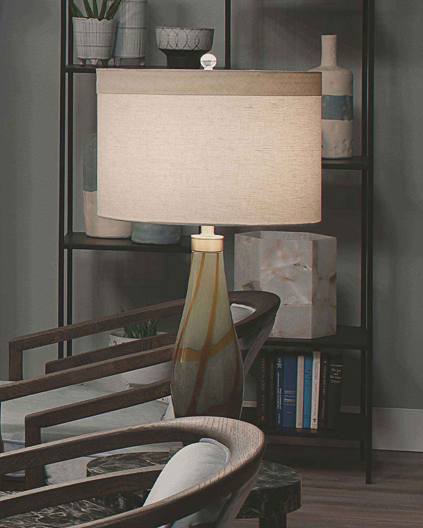 Boa Table Lamp in Taupe Glass with Classic Drum Shade in Sea Salt Linen