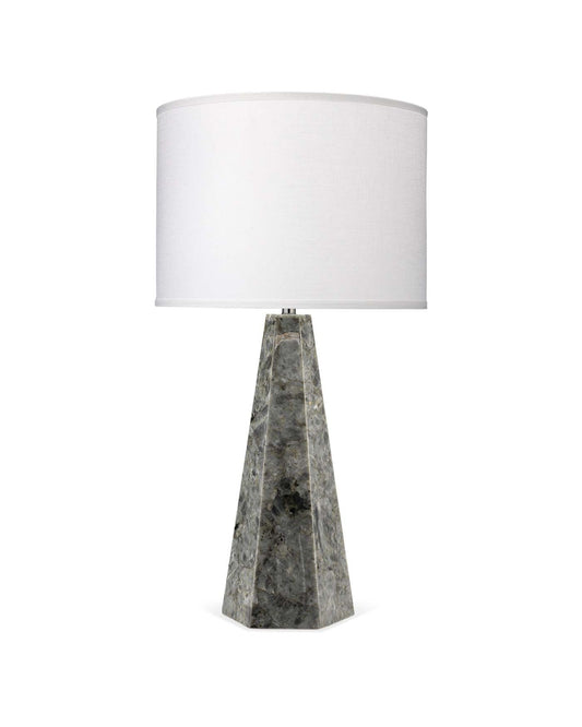 Borealis Hexagon Table Lamp in Labradorite With Large Drum Shade in White Linen