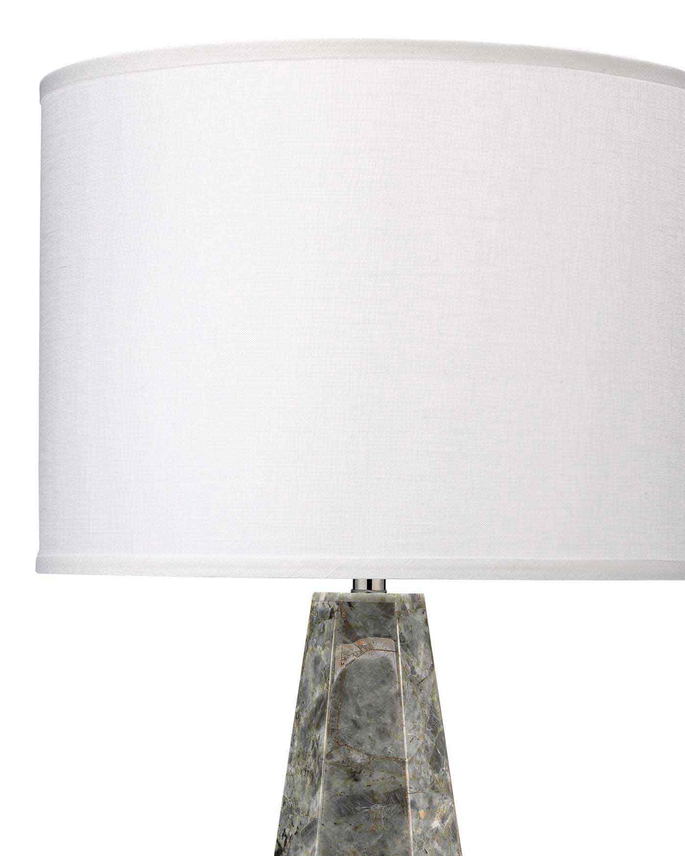 Borealis Hexagon Table Lamp in Labradorite With Large Drum Shade in White Linen