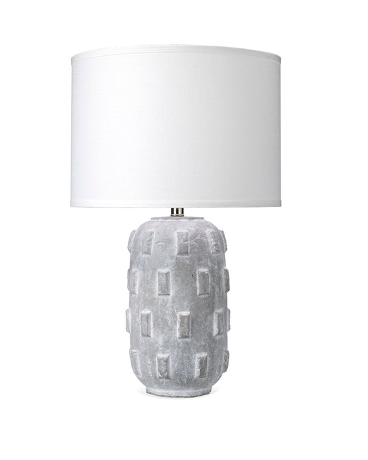 Boulder Table Lamp in Grey Ceramic With Classic Drum Shade in White Linen