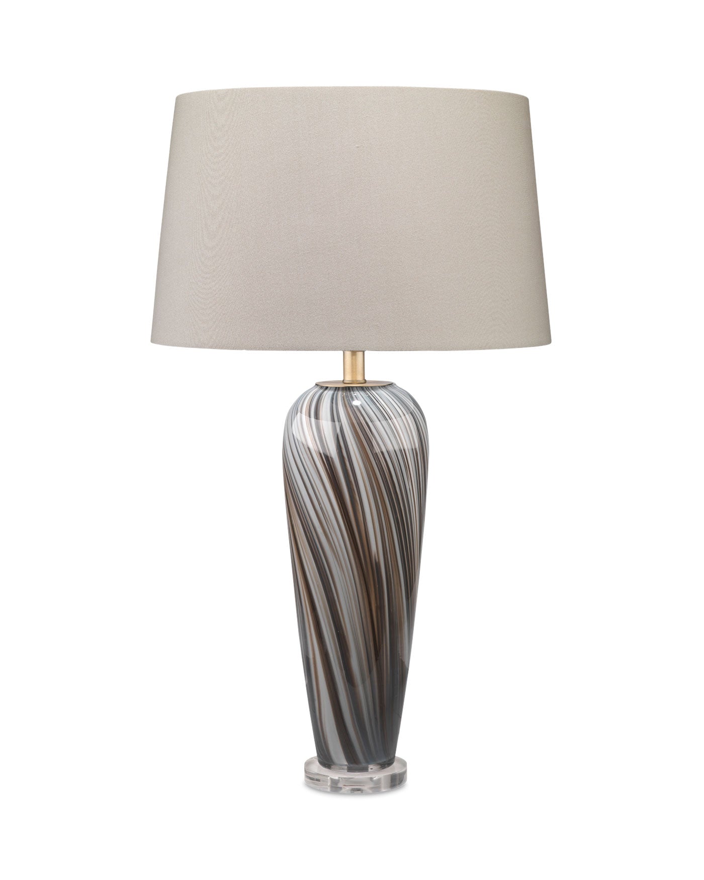 Bridgette Table Lamp in Grey & Black Swirled Glass With Cone Shade in White Linen