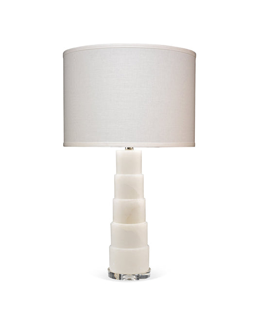 Caspian Table Lamp in White Alabaster With Classic Drum Shade in White Linen