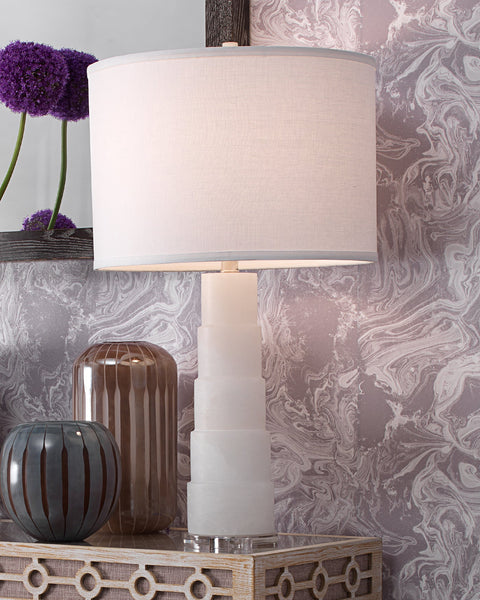 Caspian Table Lamp in White Alabaster With Classic Drum Shade in White Linen