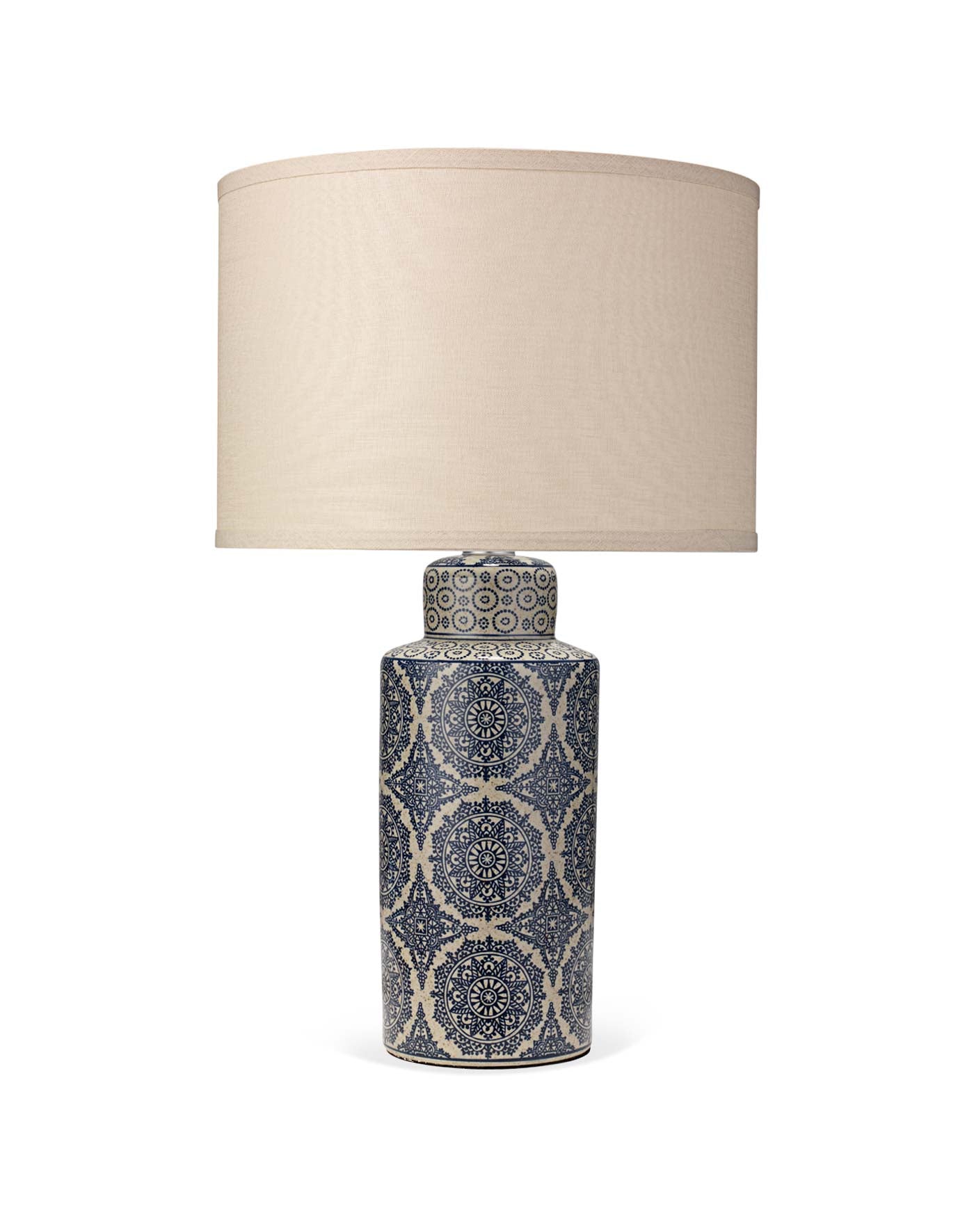 Deliah Table Lamp in Blue With Medium Drum Shade in Stone Linen