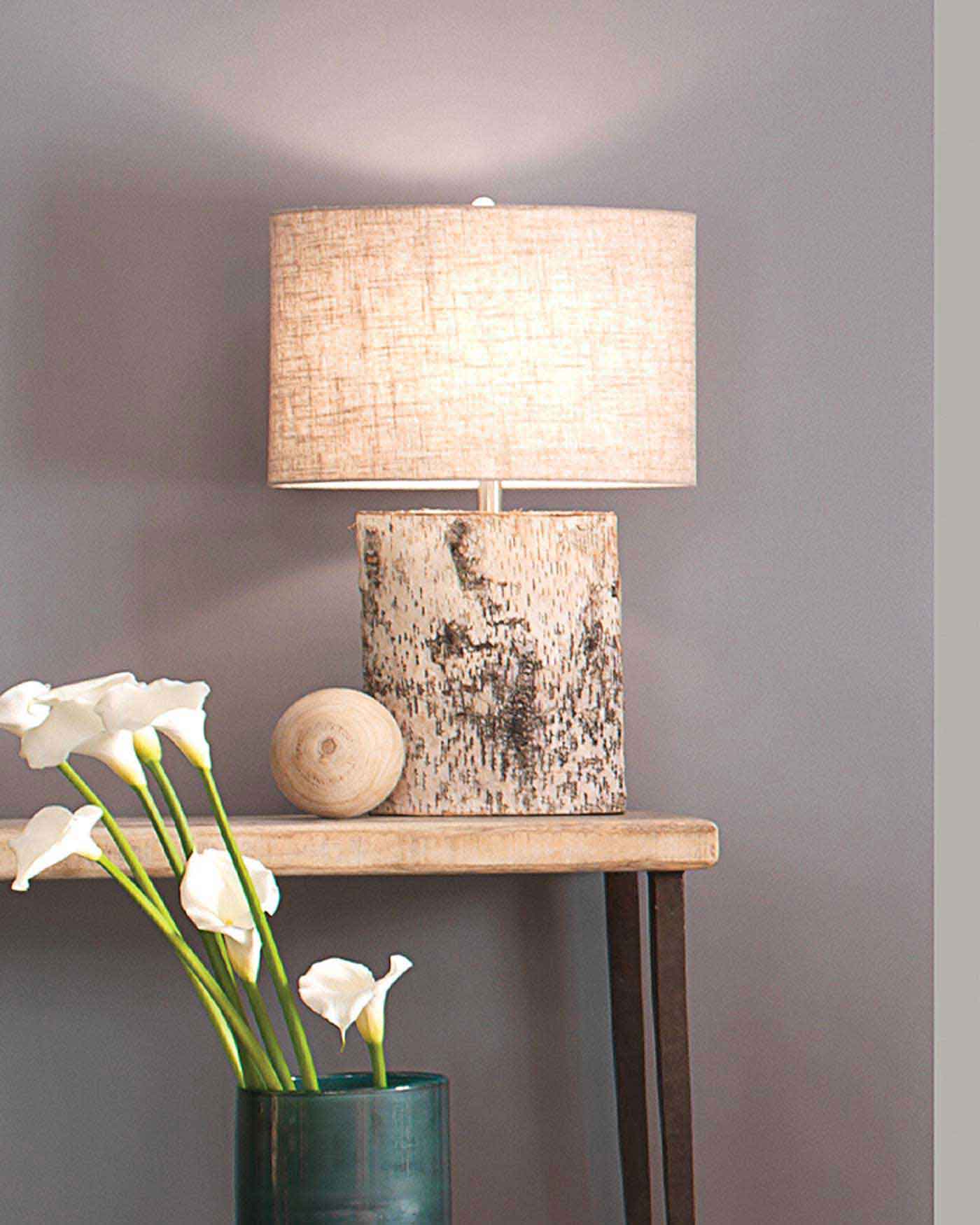 Forester Table Lamp in Birch Veneer With Oval Shade in Natural Linen