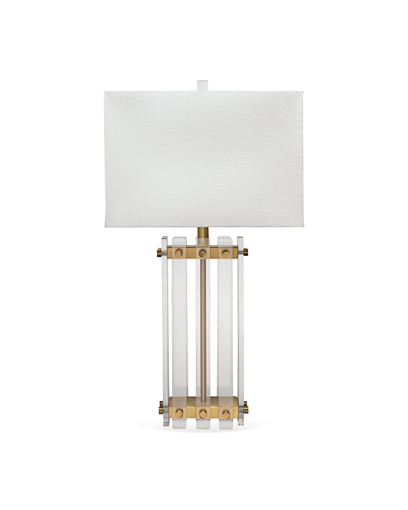 Grammercy Table Lamp in Acrylic & Antique Brass Metal with Rectangle Shade in Sea Salt Linen