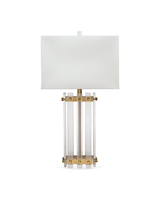 Grammercy Table Lamp in Acrylic & Antique Brass Metal with Rectangle Shade in Sea Salt Linen