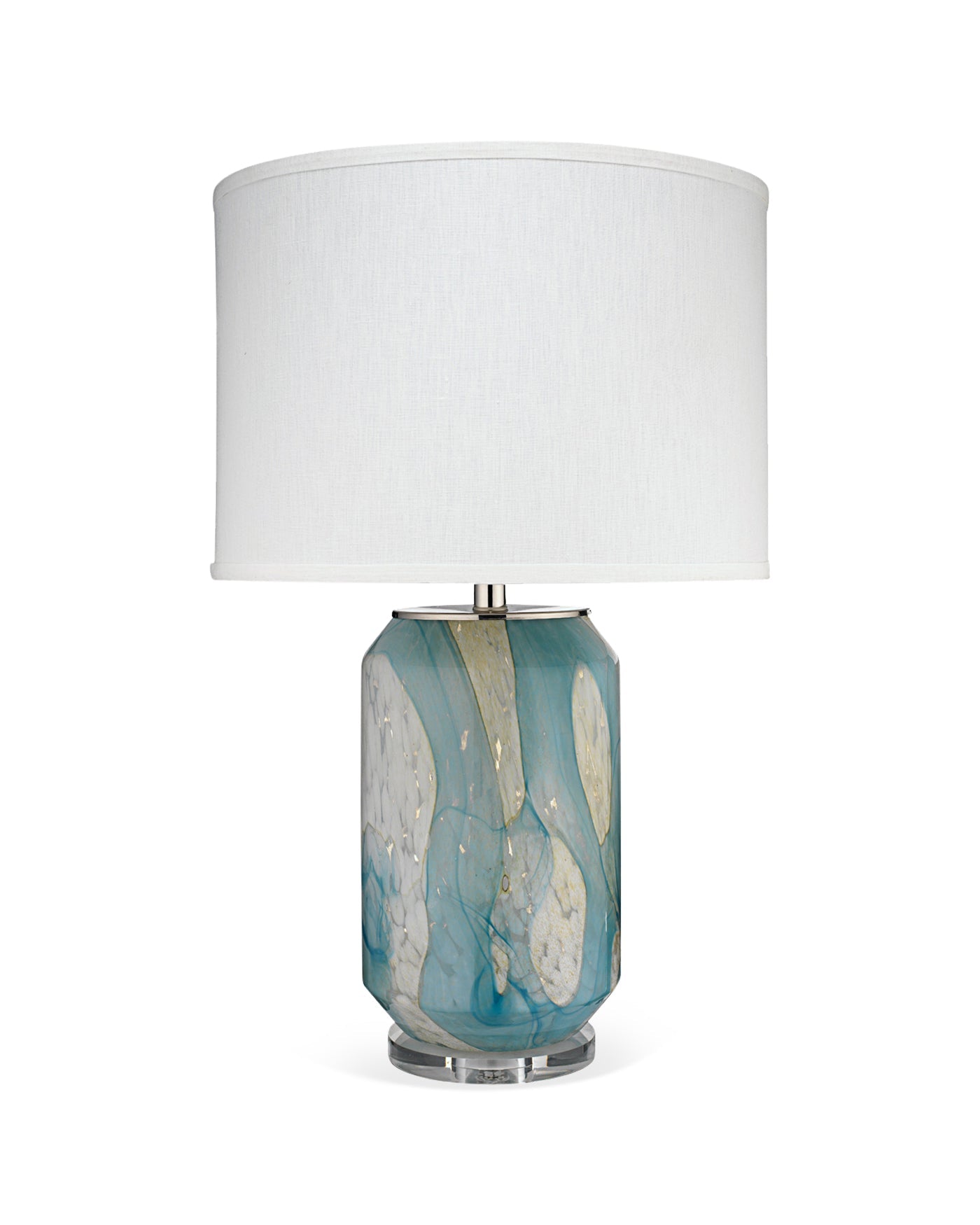 Helen Table Lamp in Pale Blue Glass with Classic Drum Shade in Sea Salt Linen