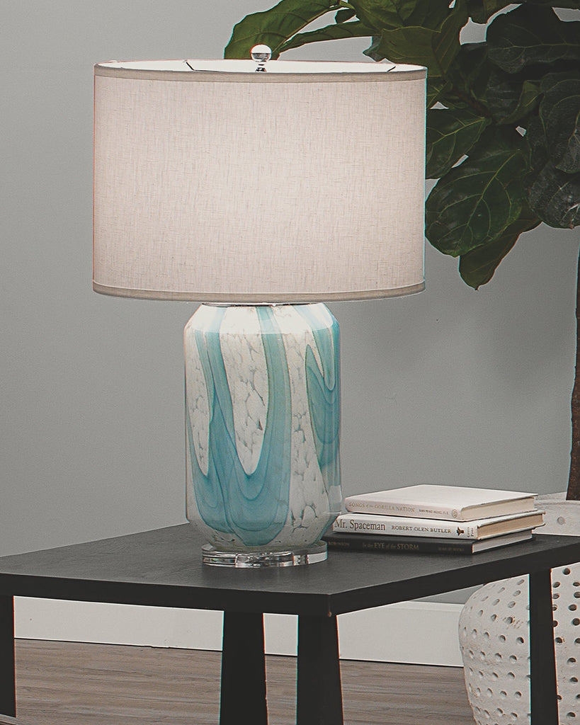 Helen Table Lamp in Pale Blue Glass with Classic Drum Shade in Sea Salt Linen