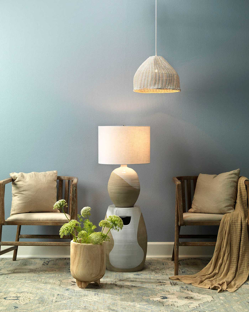 Hillside Table Lamp in White & Natural Ceramic  With Drum Shade in Off White Linen