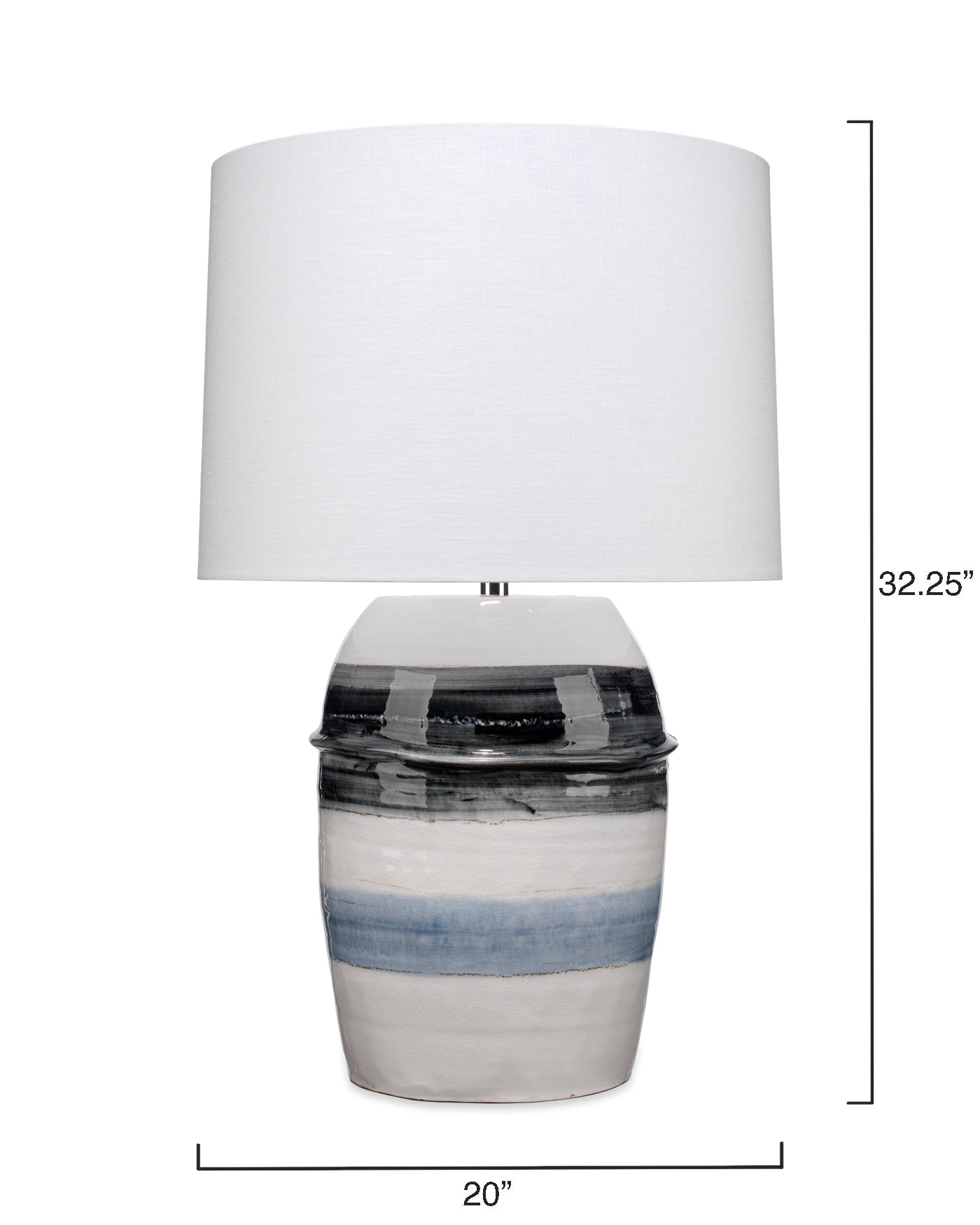 Horizon Striped Table Lamp in Grey, Black & White Ceramic  With Tapered Drum Shade in Off White Linen