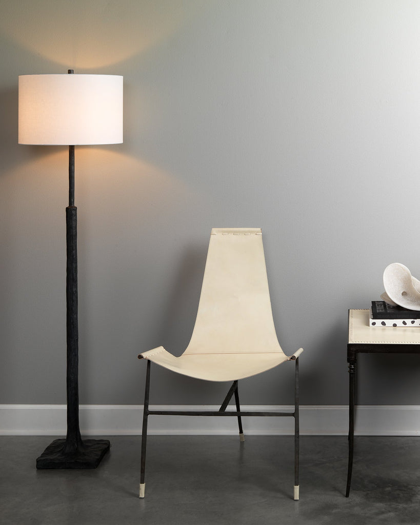 Humble Floor Lamp In Textured Charcoal Plaster With Drum Shade In White Linen