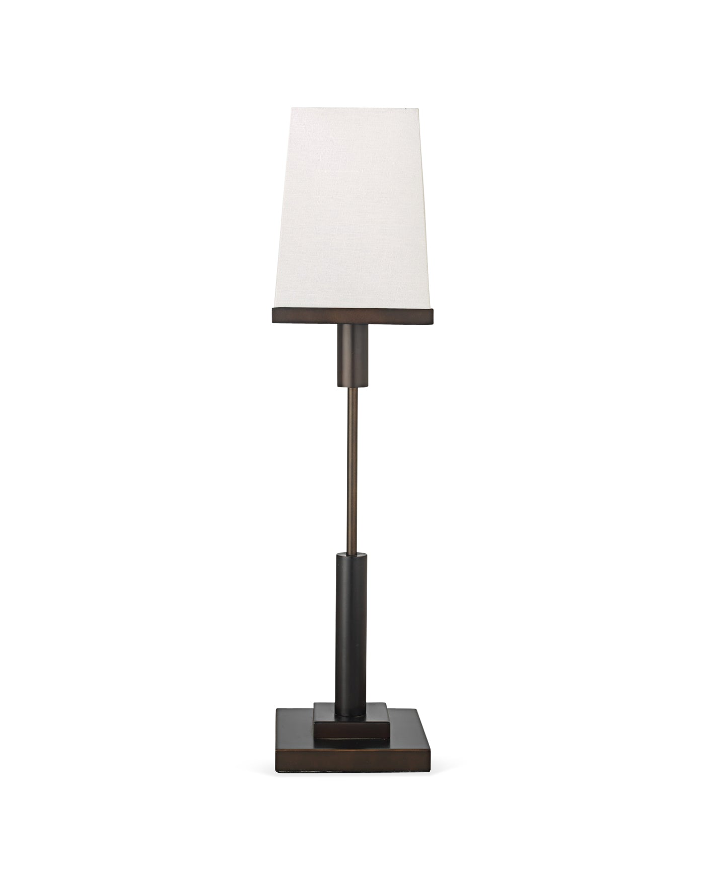 Jud Table Lamp in Oil Rubbed Bronze With Small Square Open Cone Shade in White Linen