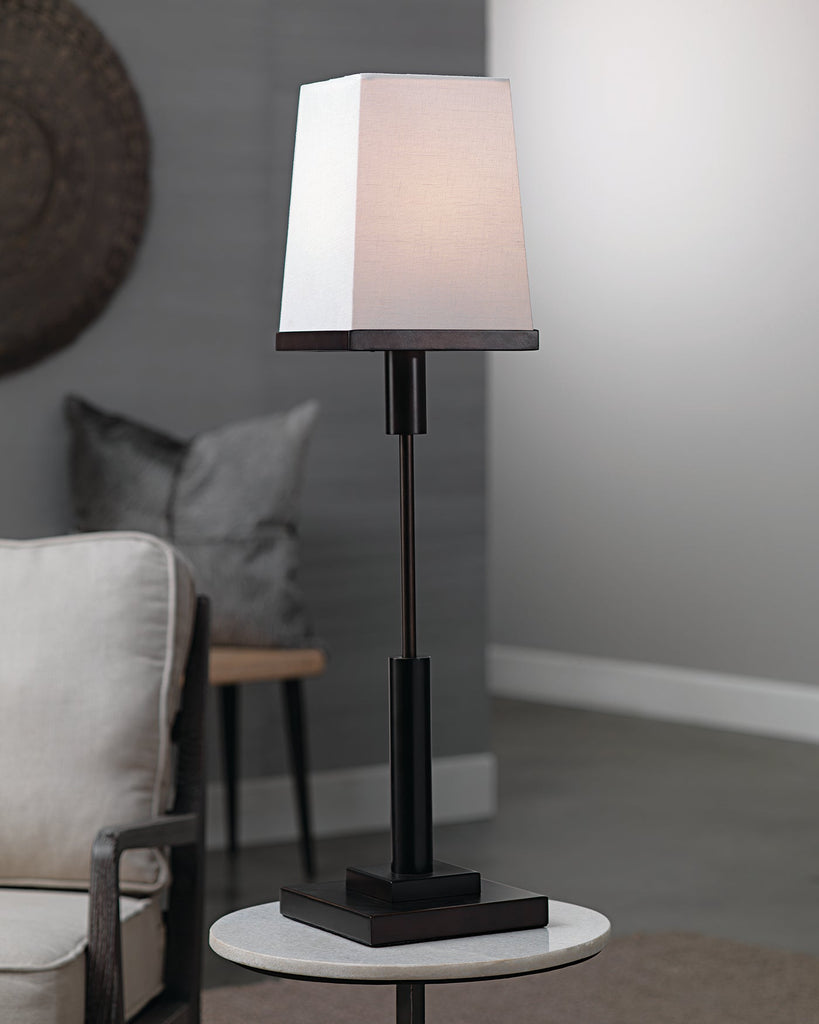 Jud Table Lamp in Oil Rubbed Bronze With Small Square Open Cone Shade in White Linen