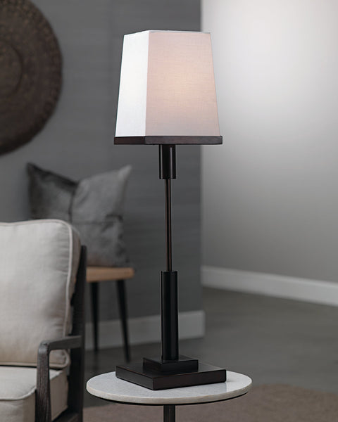 Jud Table Lamp in Oil Rubbed Bronze With Small Square Open Cone Shade in White Linen